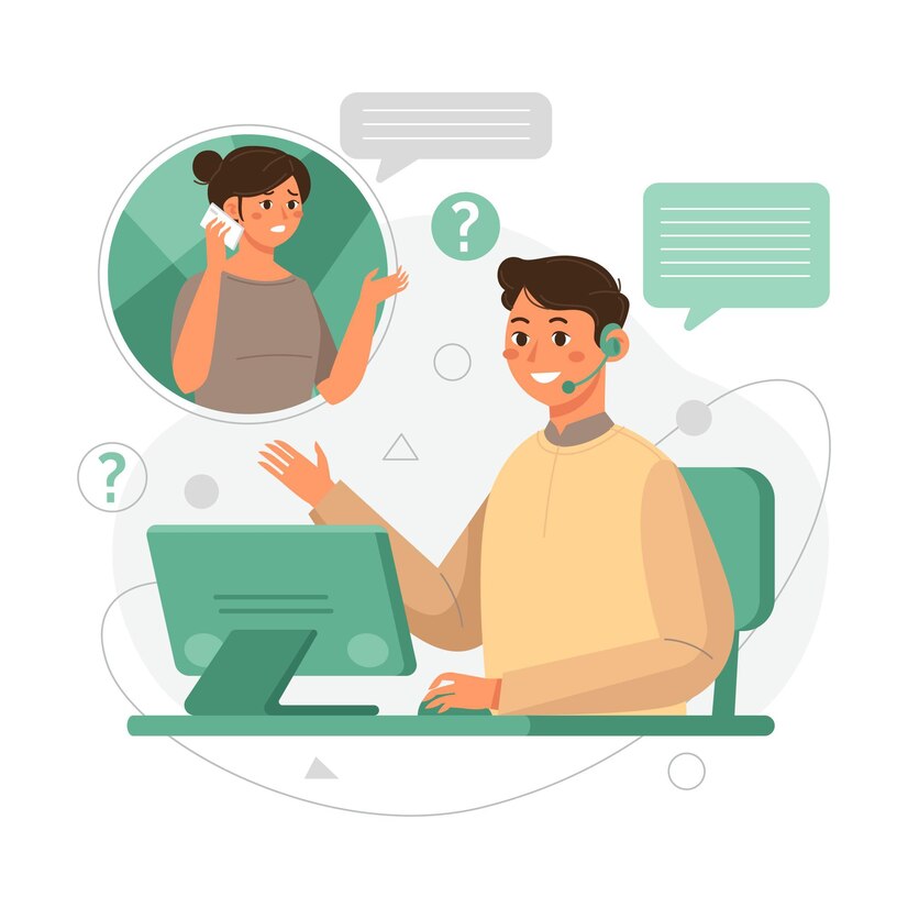 Smiling customer support representative wearing a headset, sitting at a desk in a bright modern office environment, conveying a friendly and helpful atmosphere